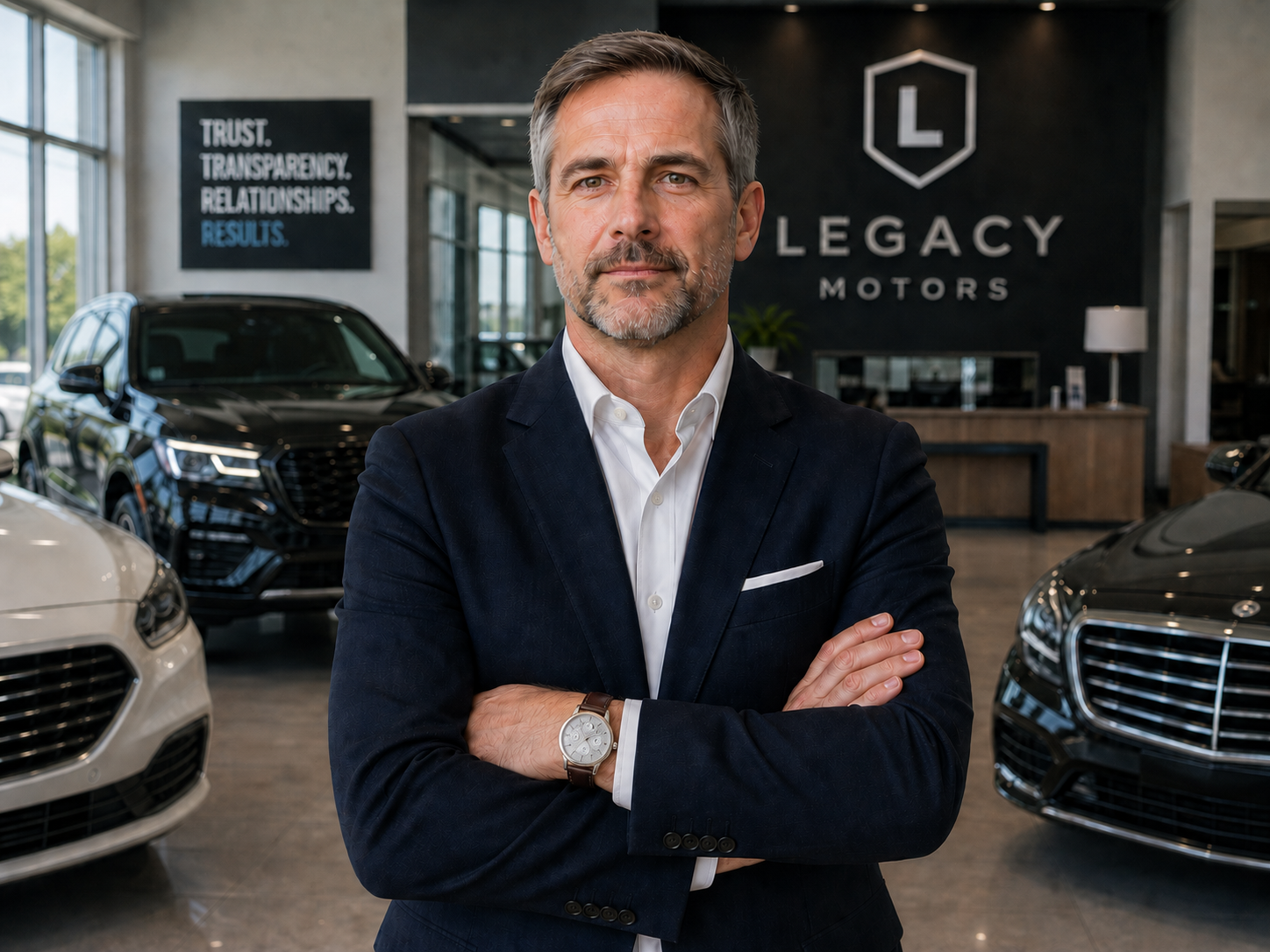 A dealership owner standing on his showroom floor